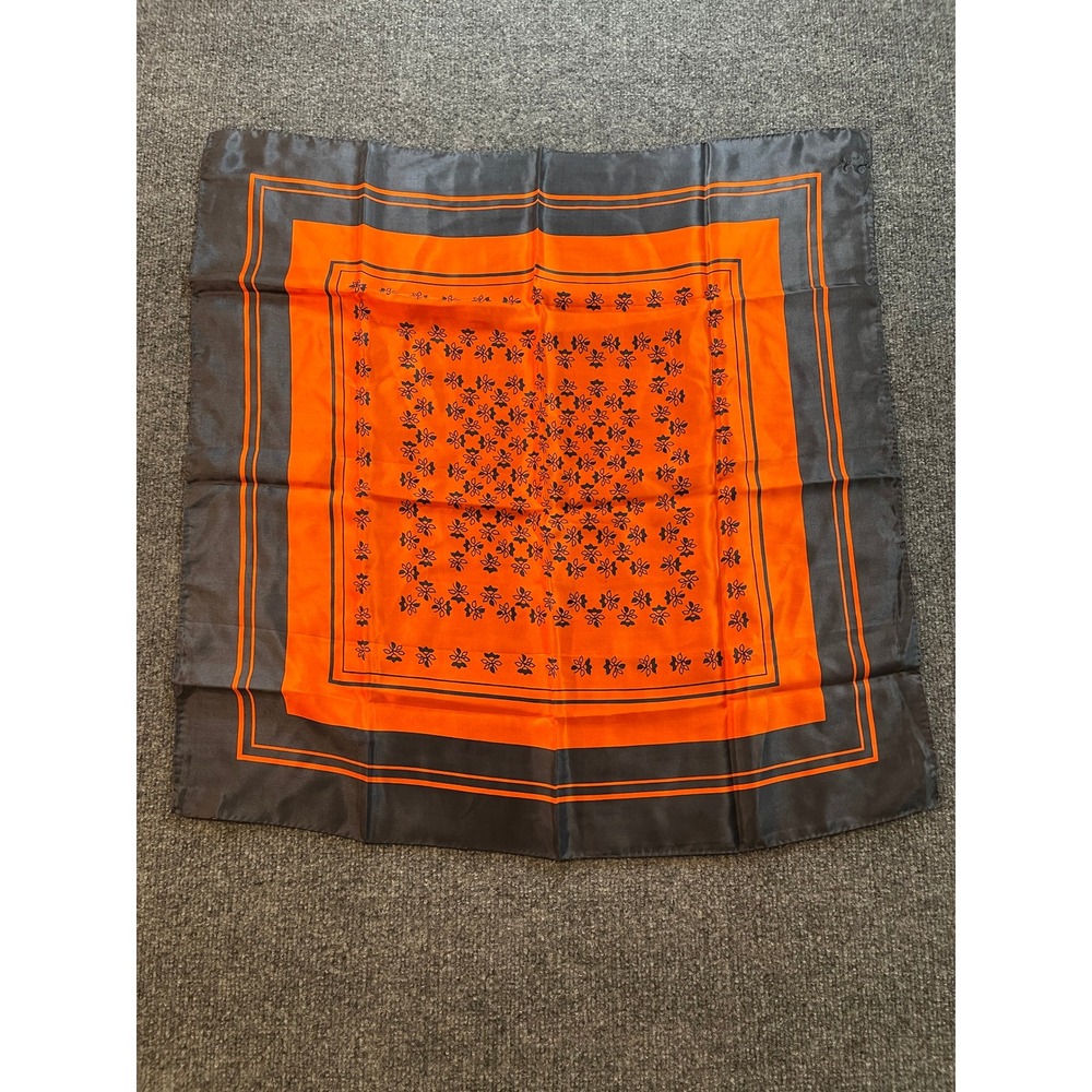 Vintage Sally Gee 100% Silk Scarf Orange Gray Floral Square Made in Japan 26x26